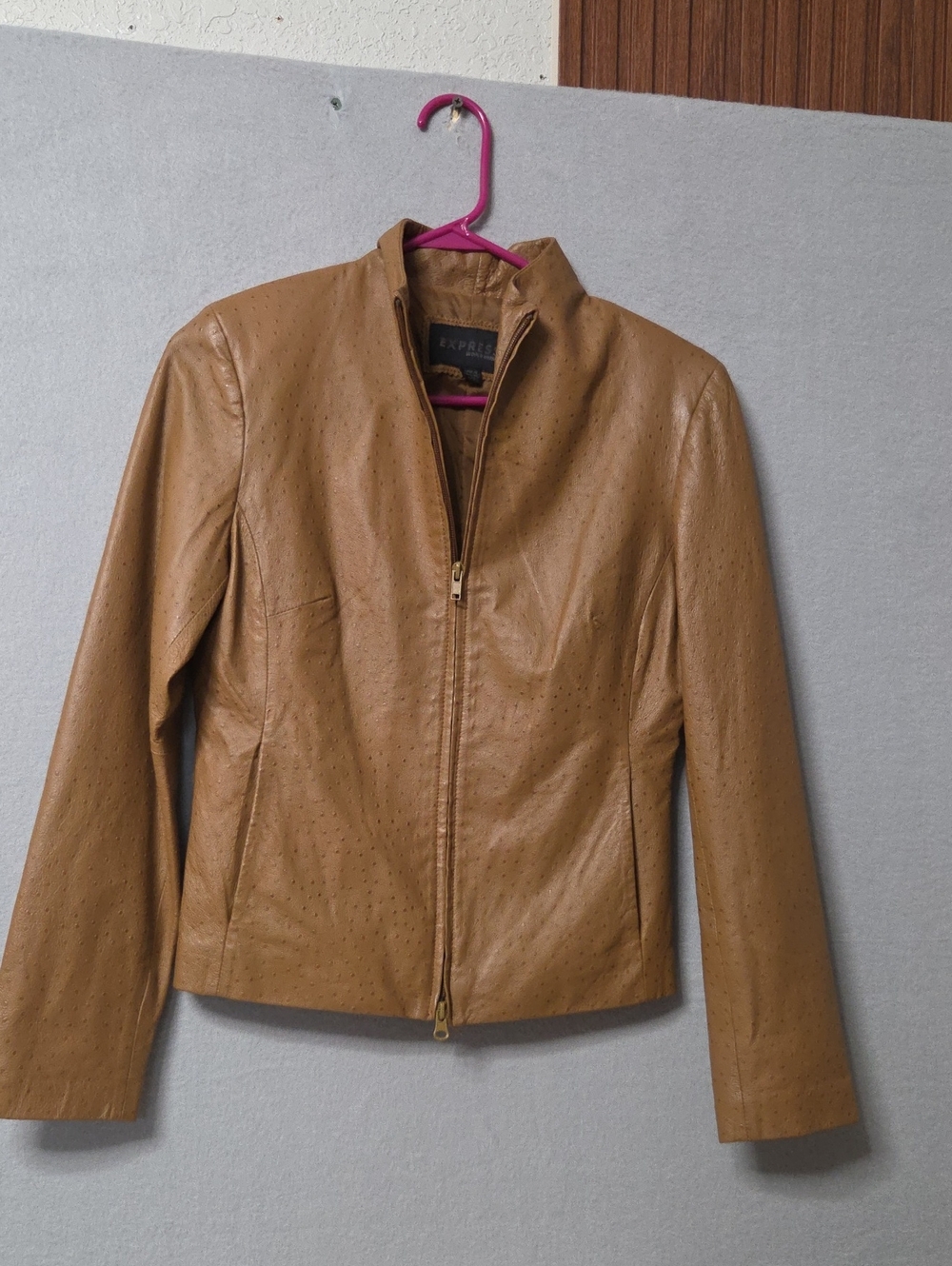 Vintage Express Y2K Faux Ostrich Leather Zip Up Jacket Camel Tan Size 1/2 XS